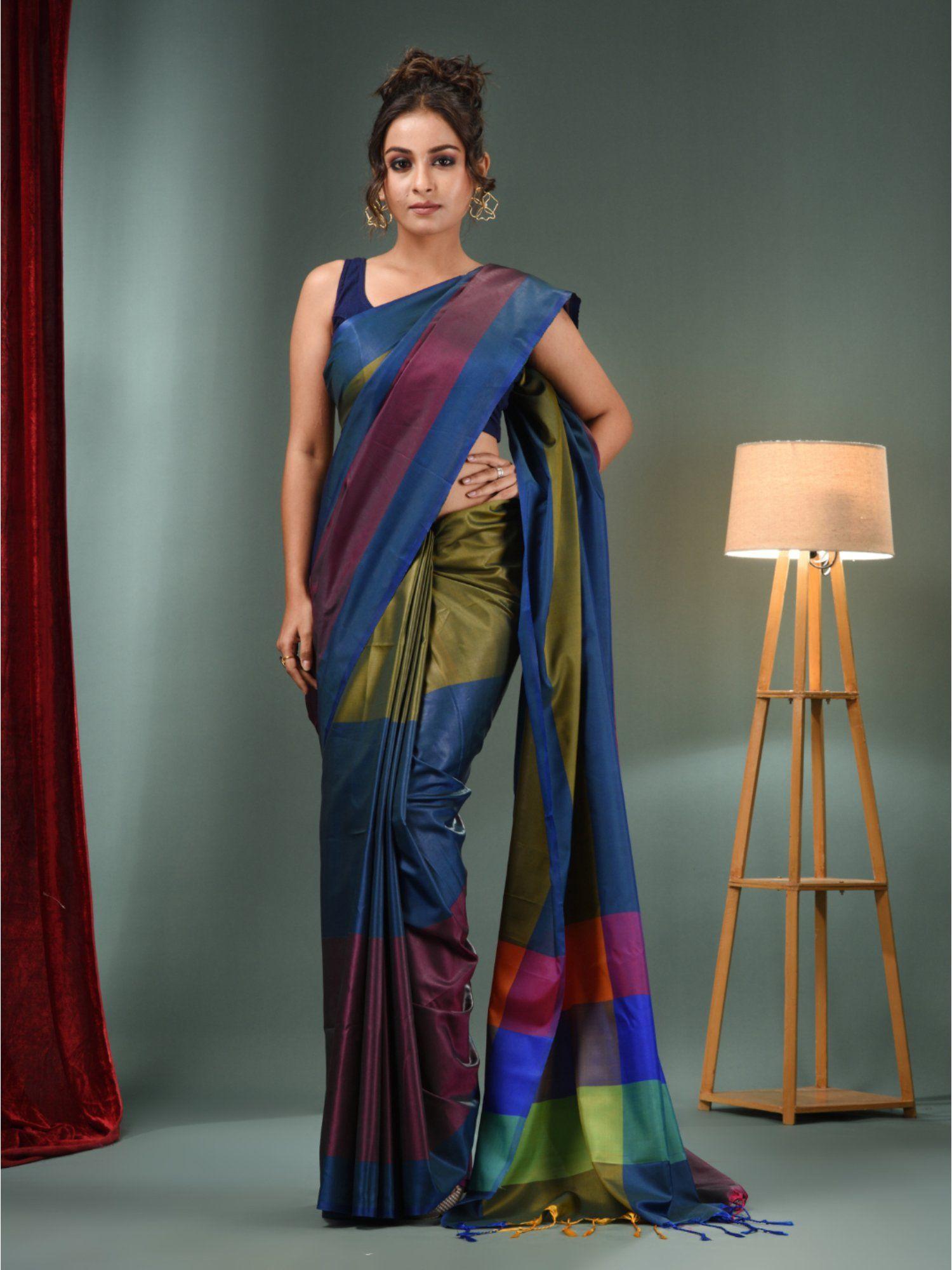 multicolour blended silk handwoven soft saree & unstitched blouse