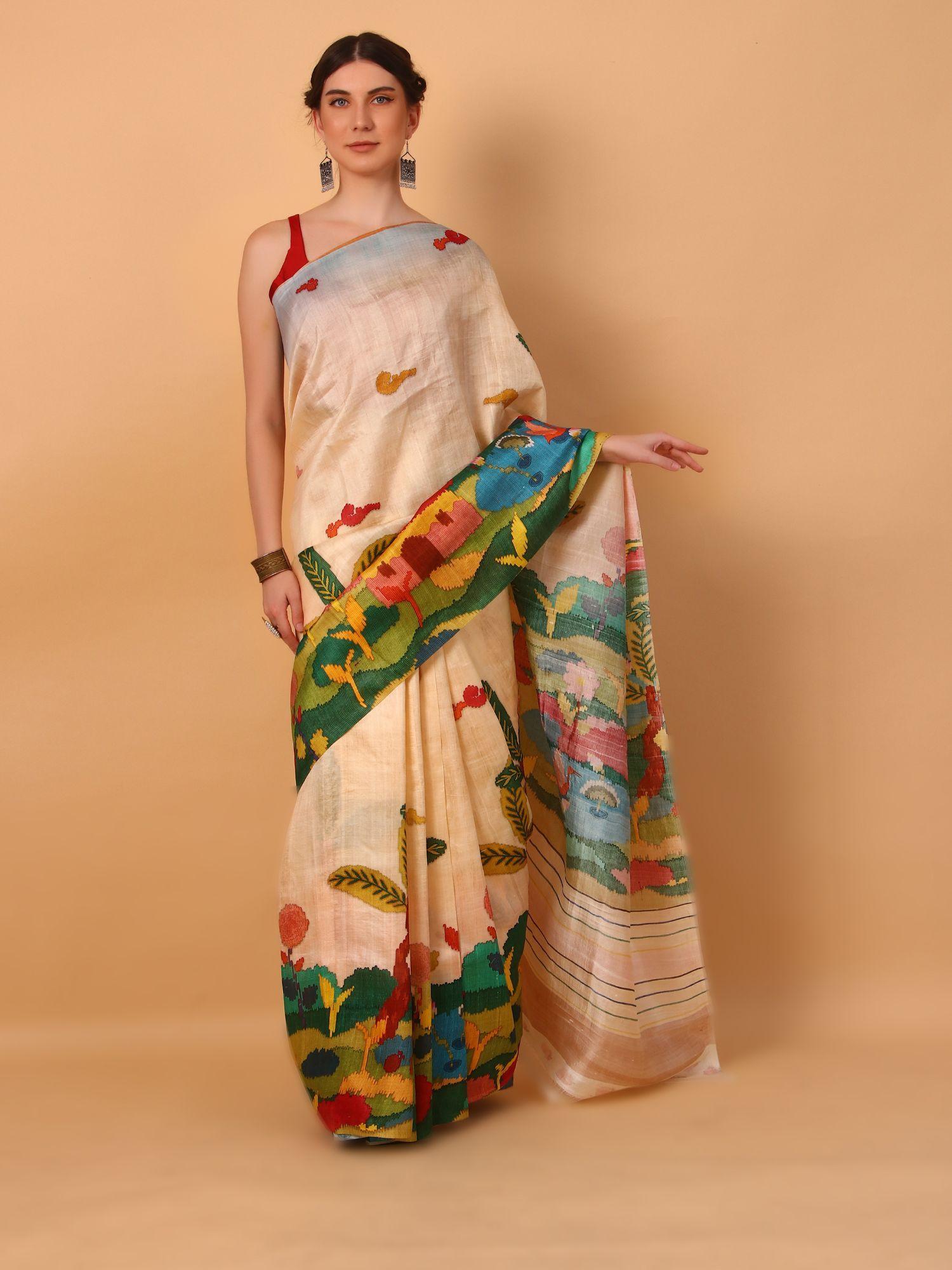 multicolour digital floral print saree with unstitched blouse