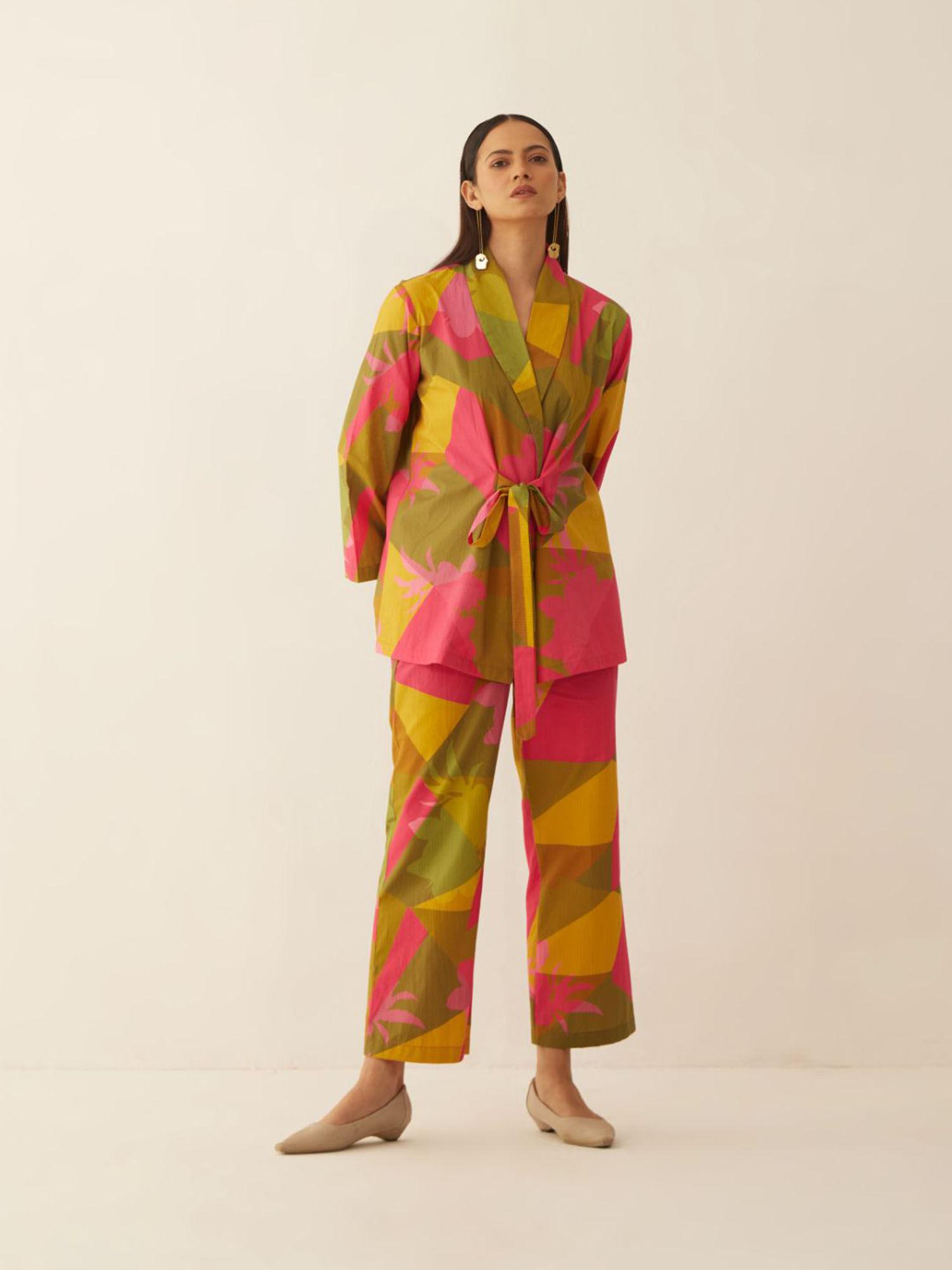 multicolour grid shawl collar co-ord (set of 2)