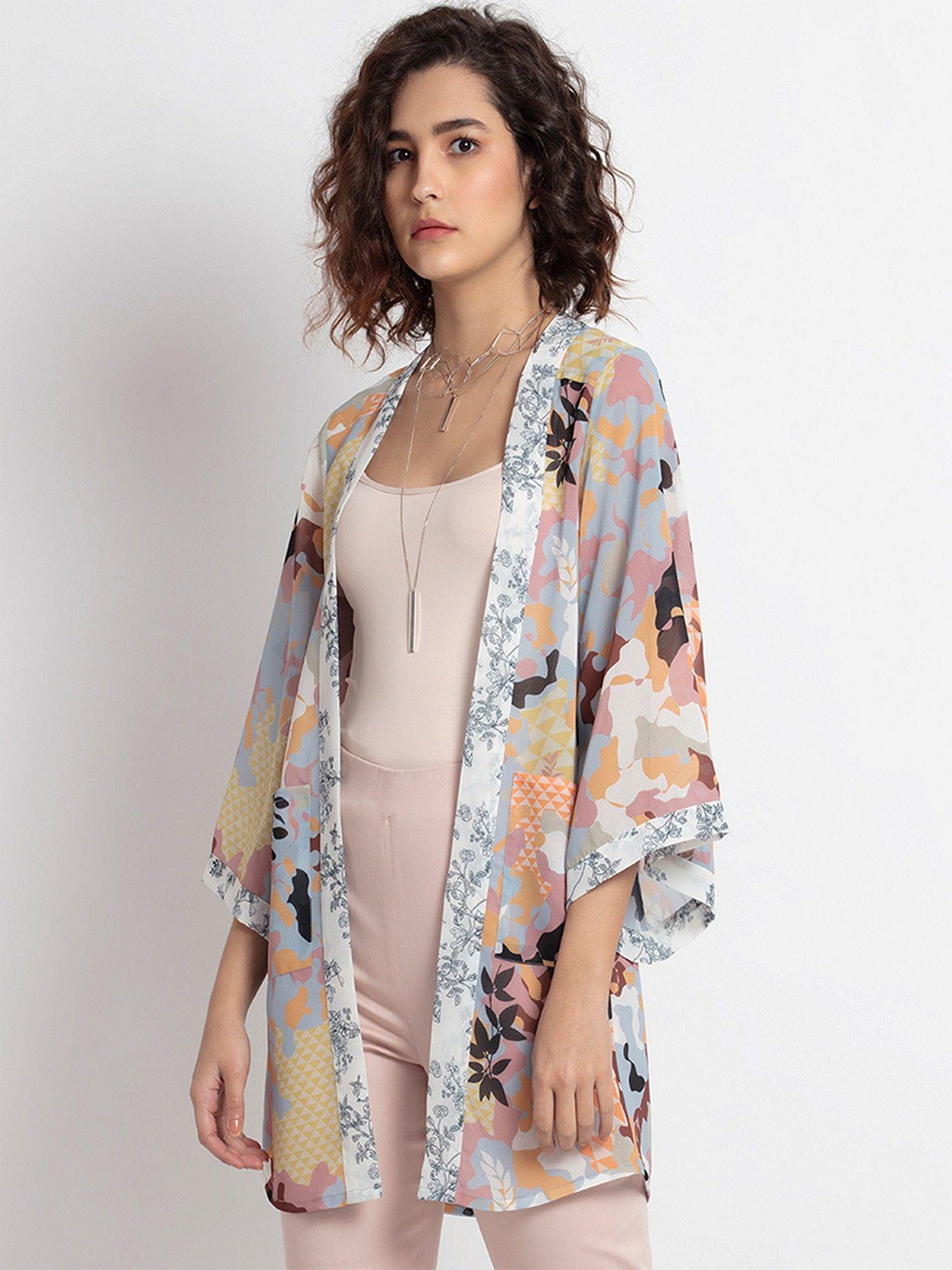 multicolour printed three fourth sleeves front open casual shrug for women