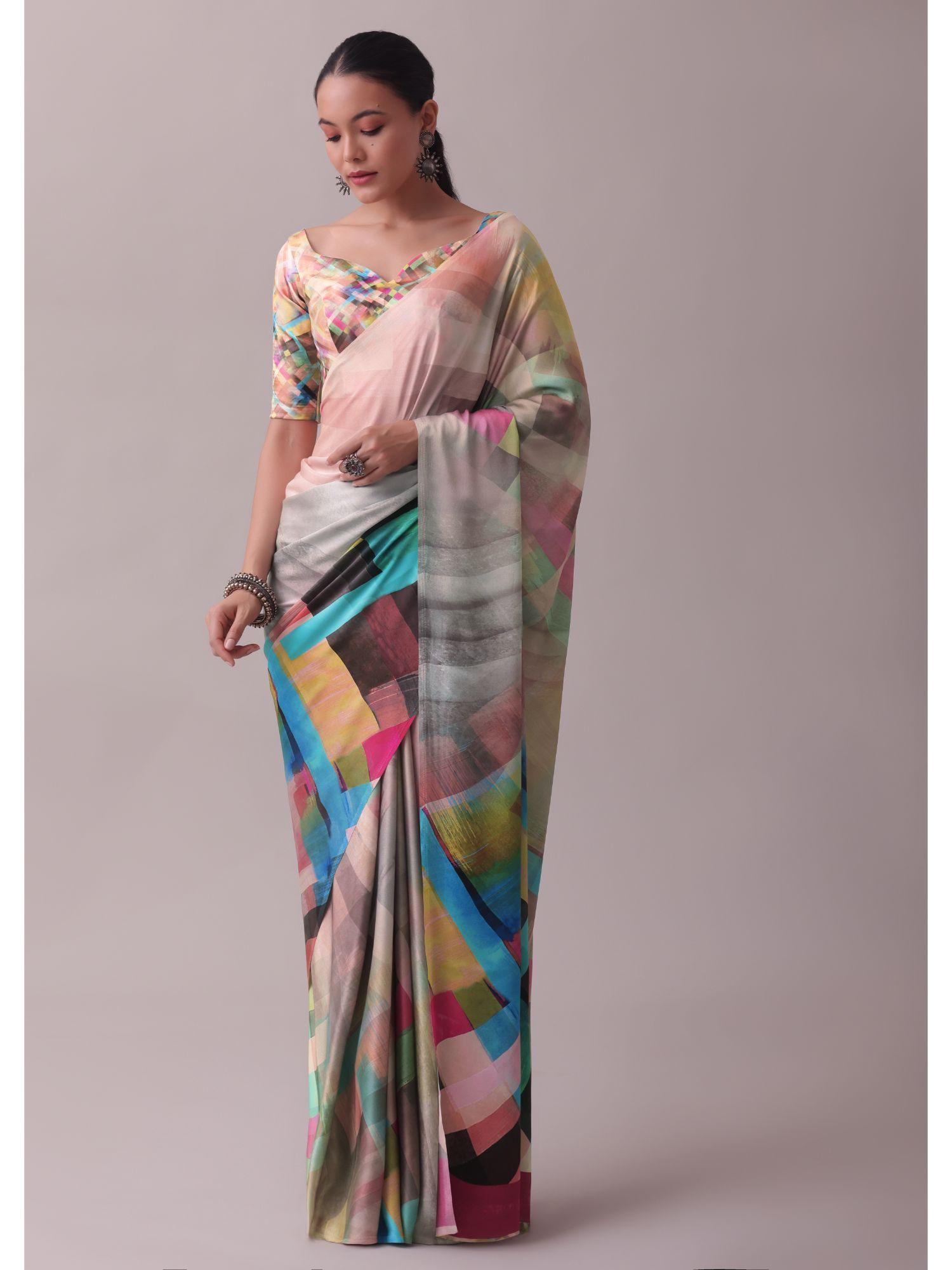 multicolour saree fabricated in satin with abstract print with unstitched blouse