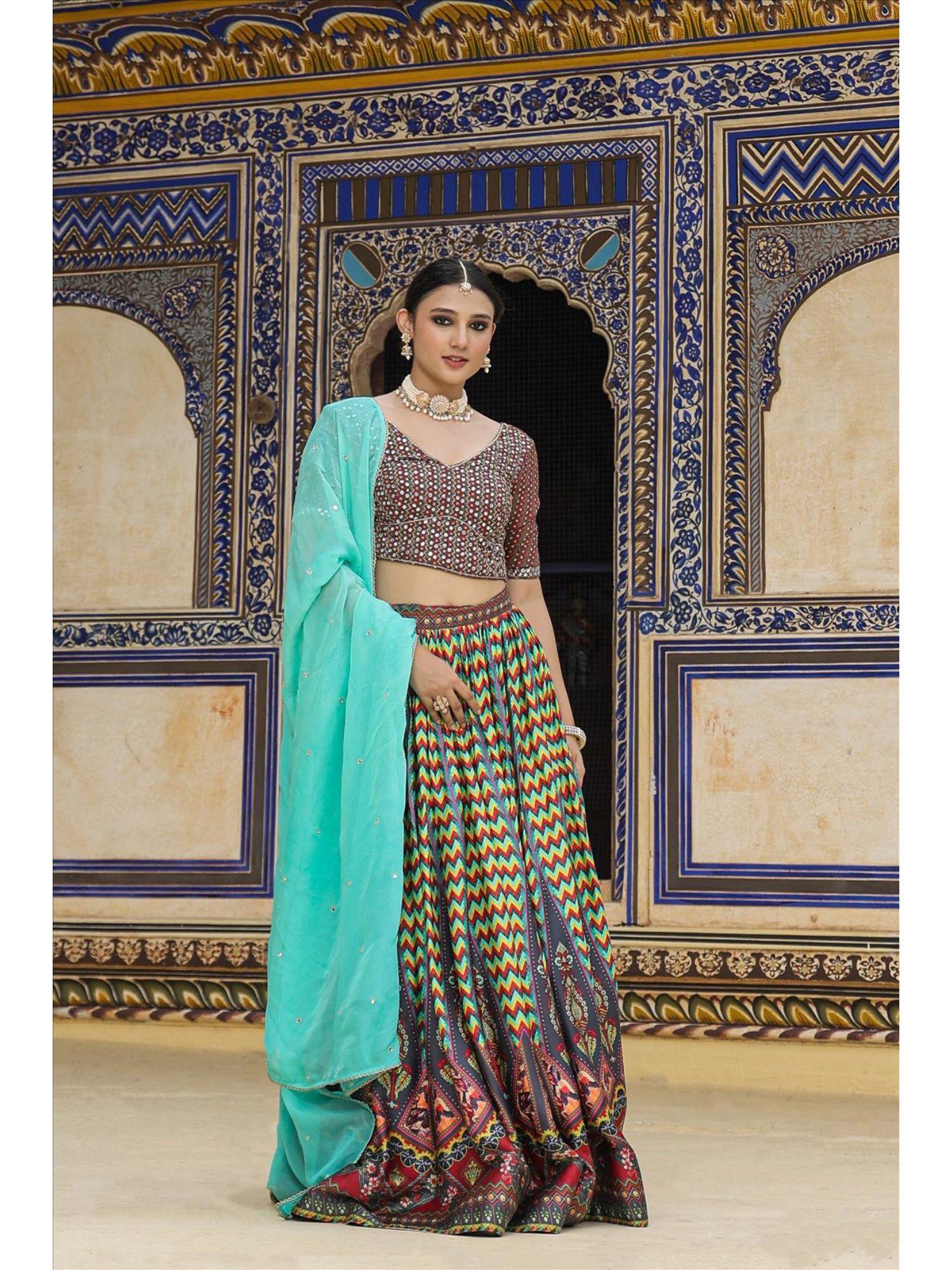 multicolour satin ajrakh print lehenga blouse dupatta (set of 3)