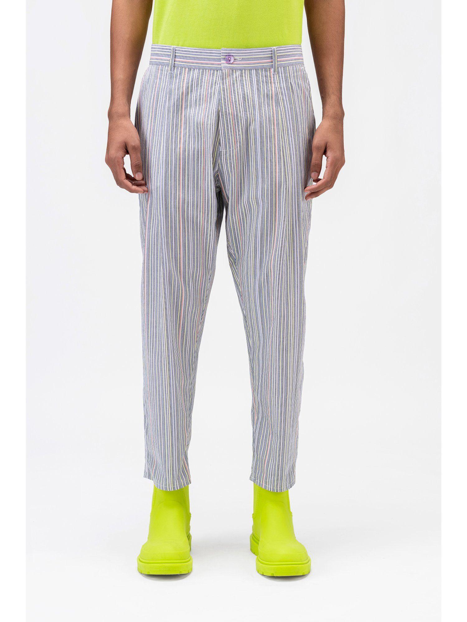 multicoloured mens striped pleated trouser