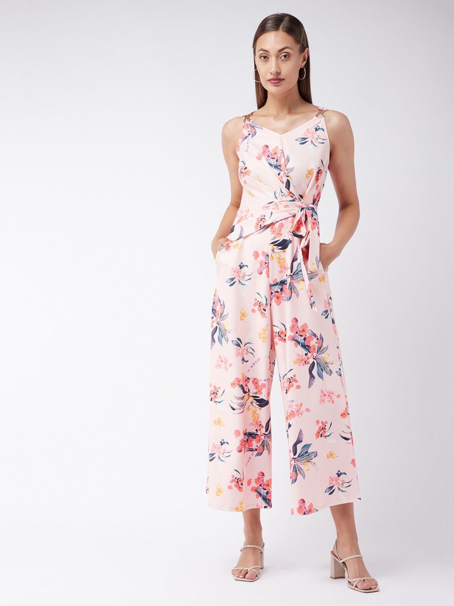 multicoloured- base- peach v-neck sleeveless floral wrap/wide leg regular jumpsuit