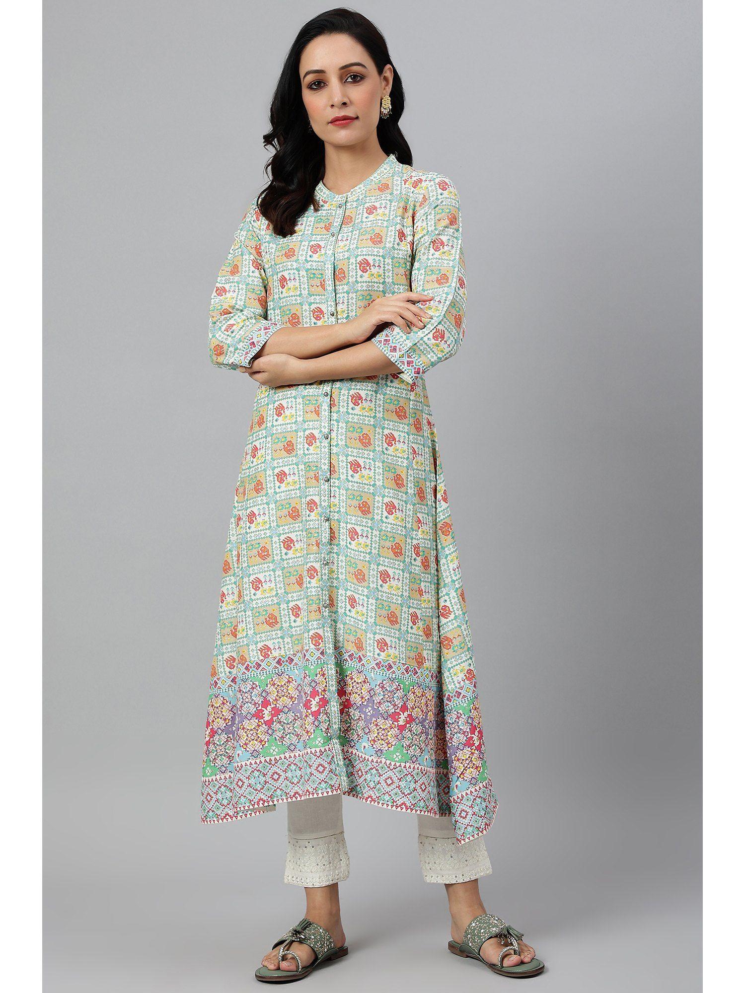 multicoloured and white printed flared kurta