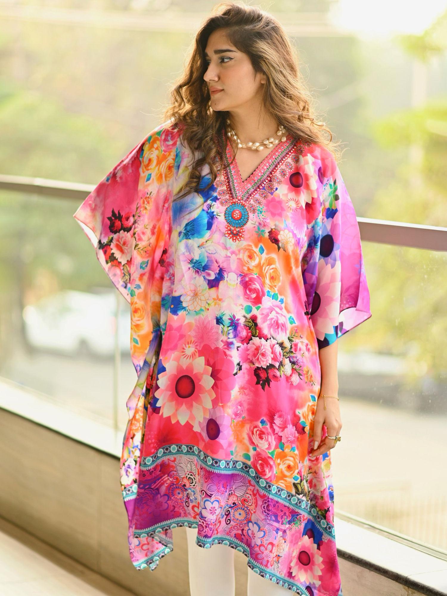 multicoloured botanical print silk kaftan tunic