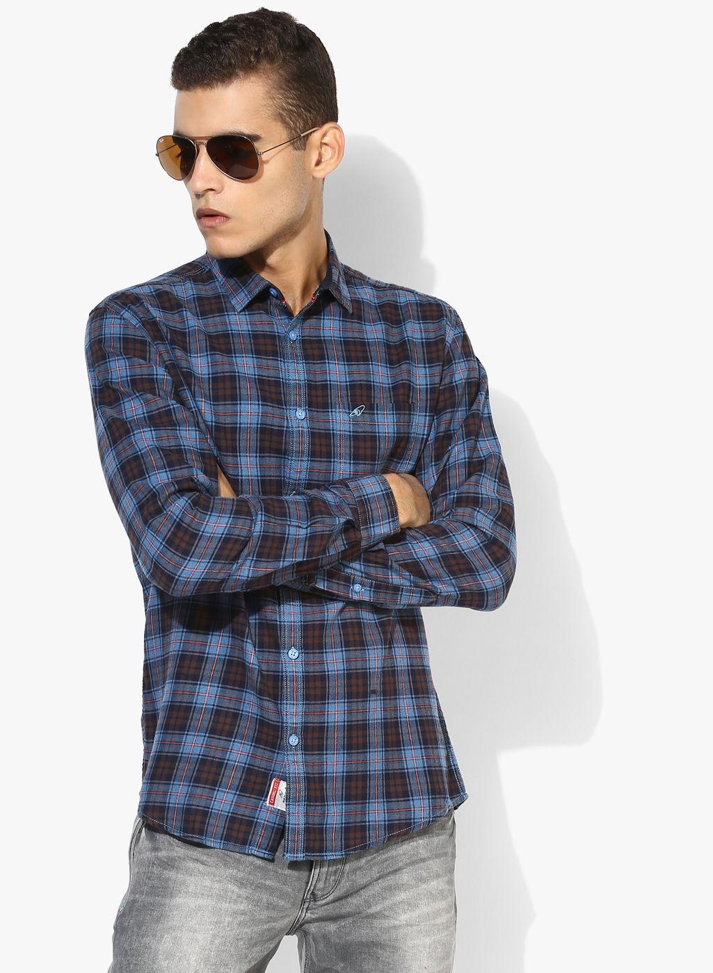 multicoloured checked slim fit casual shirt