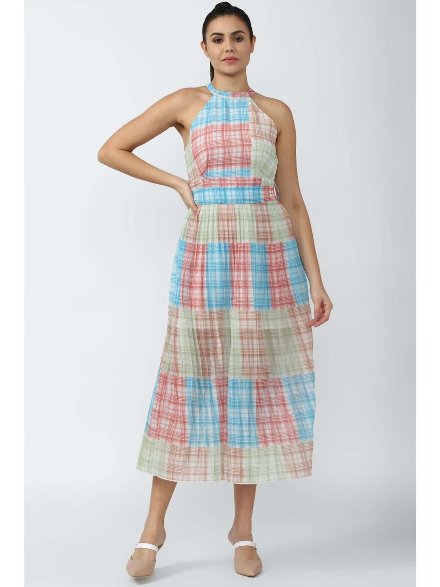 multicoloured dress with belt checks