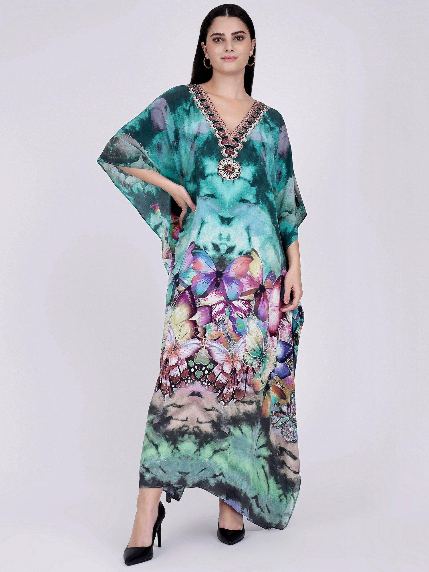 multicoloured embellished silk full length kaftan