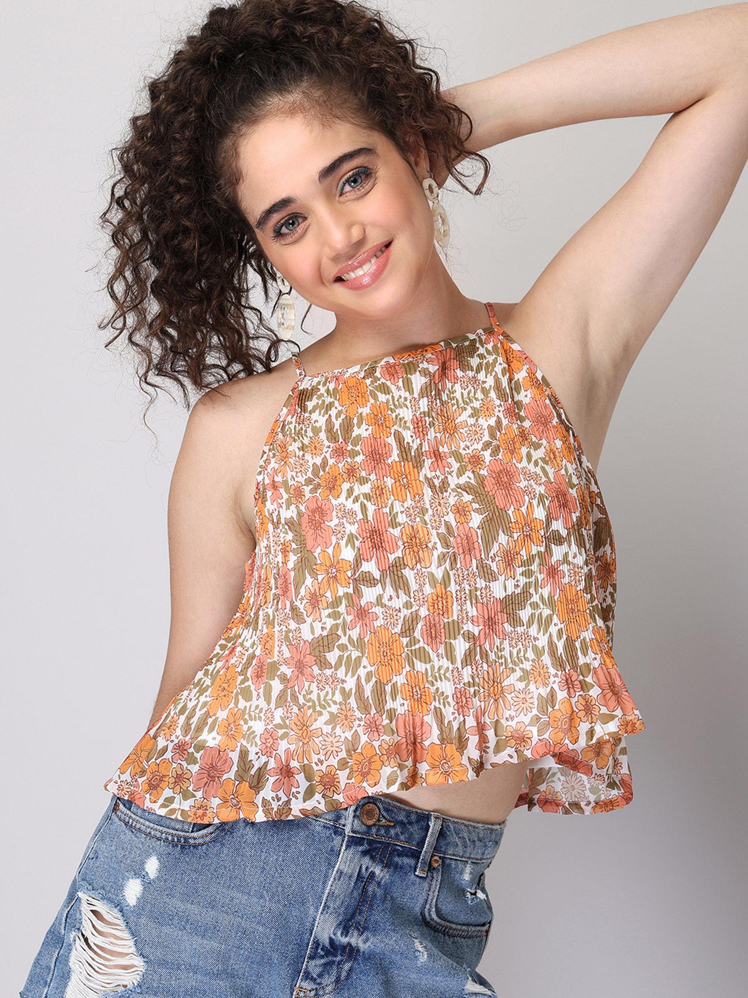 multicoloured floral halter sunray pleated crop top