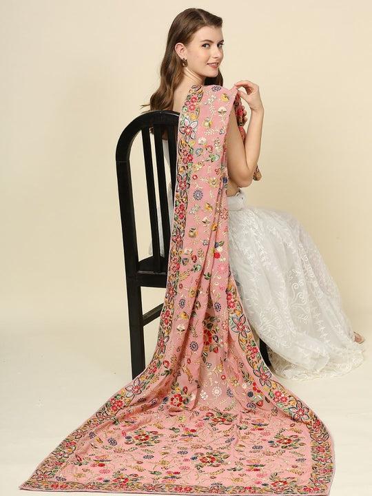 multicoloured floral heavily embroidered blush pink georgette dupatta