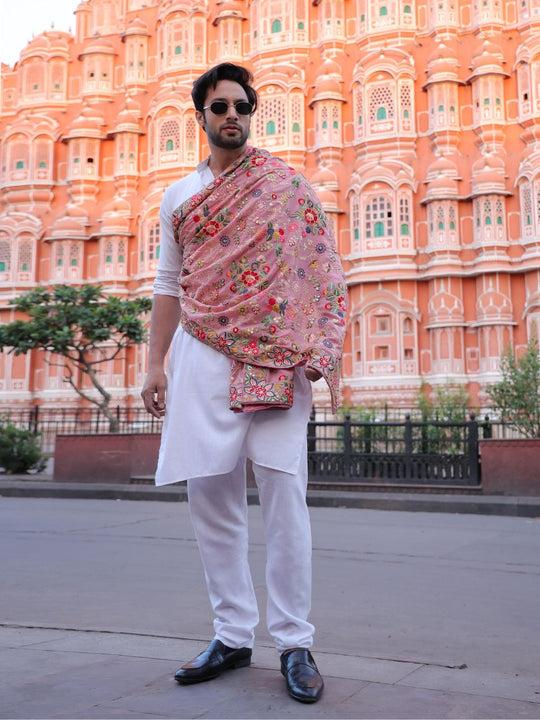 multicoloured floral heavily embroidered men's blush pink georgette dupatta for kurta/sherwani/achkan