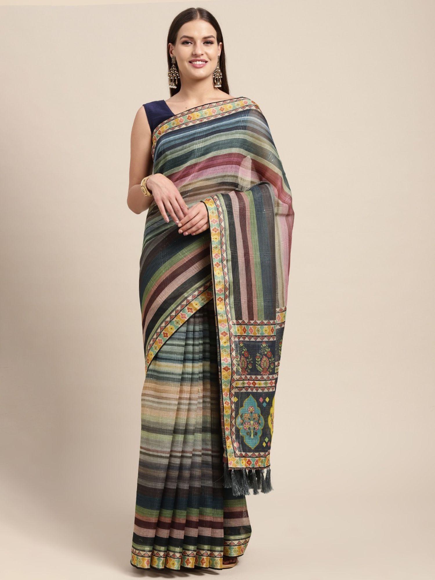 multicoloured kalamkari linen blend block print saree with unstitched blouse