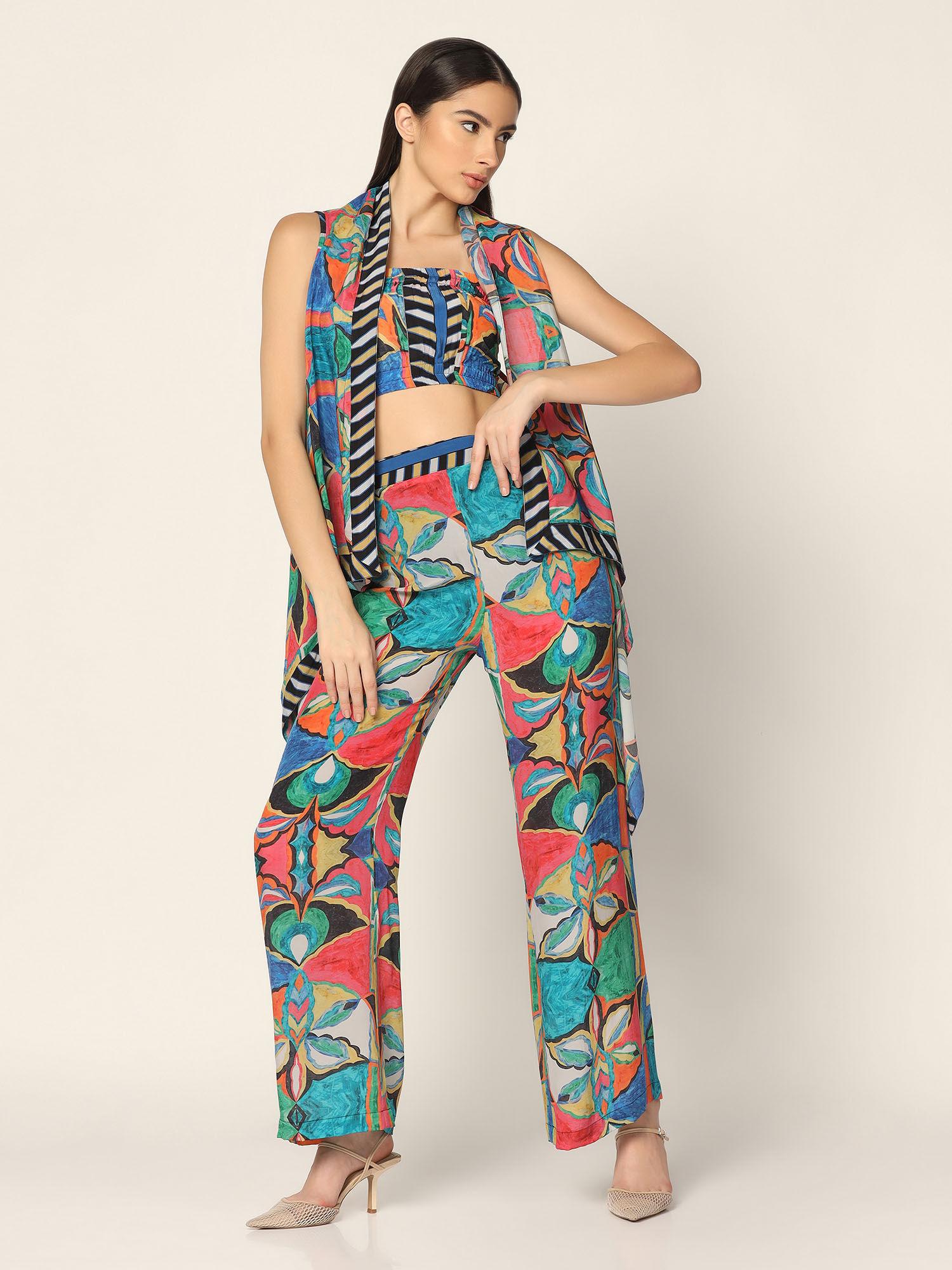 multicoloured printed co-ord in crepe (set of 3)