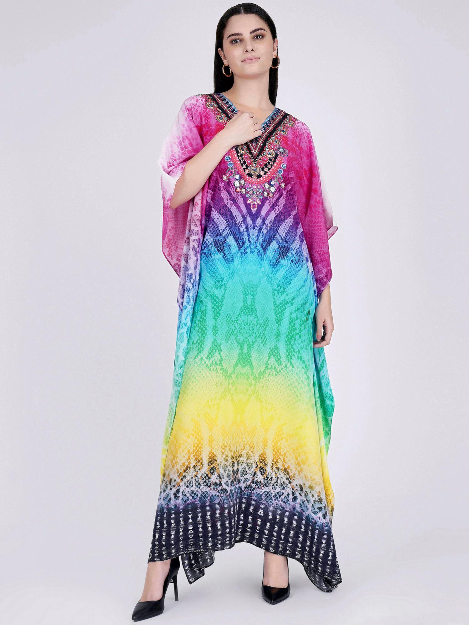 multicoloured python print embellished silk full length kaftan