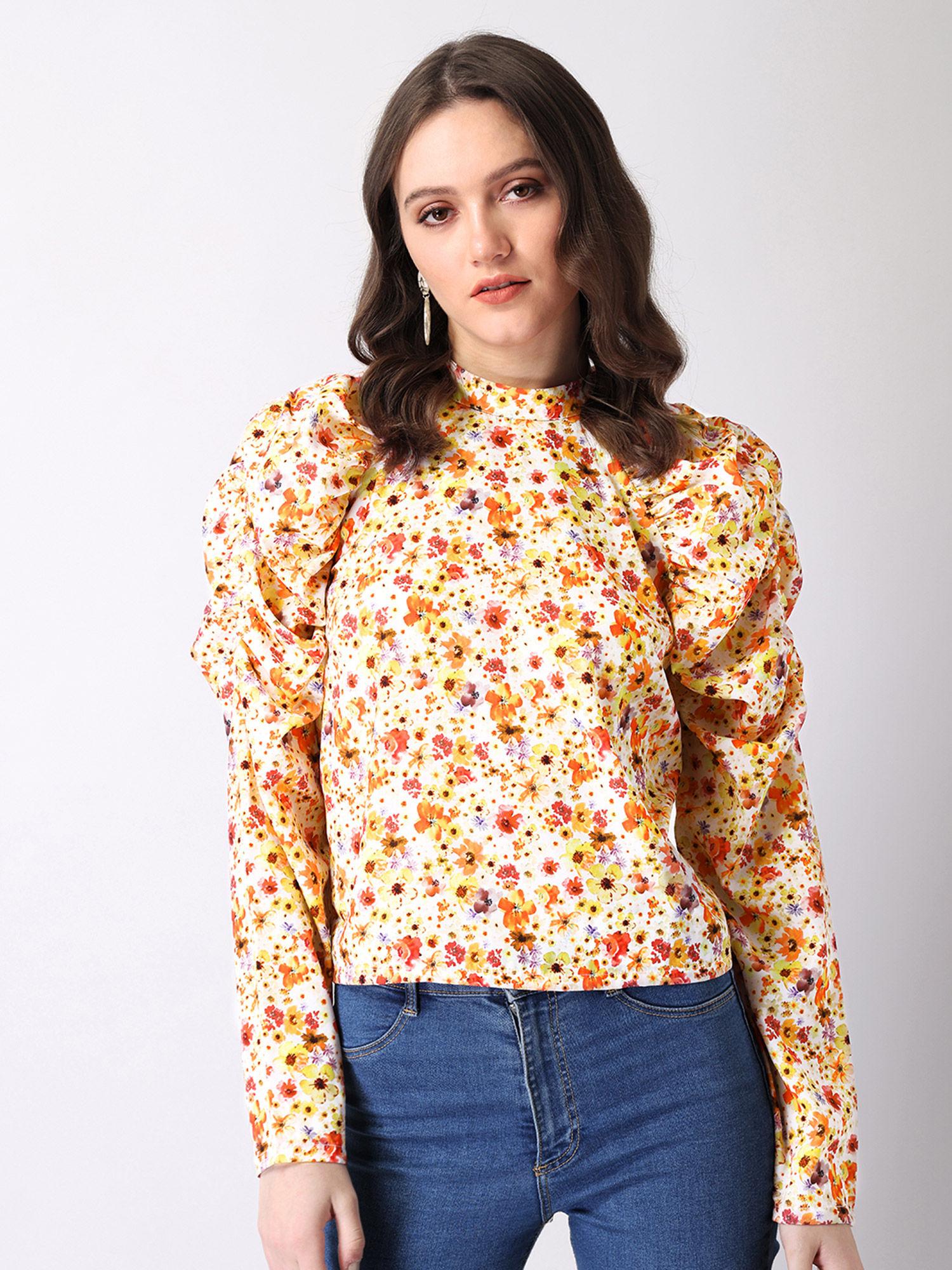 multicoloured ruched sleeve high neck top