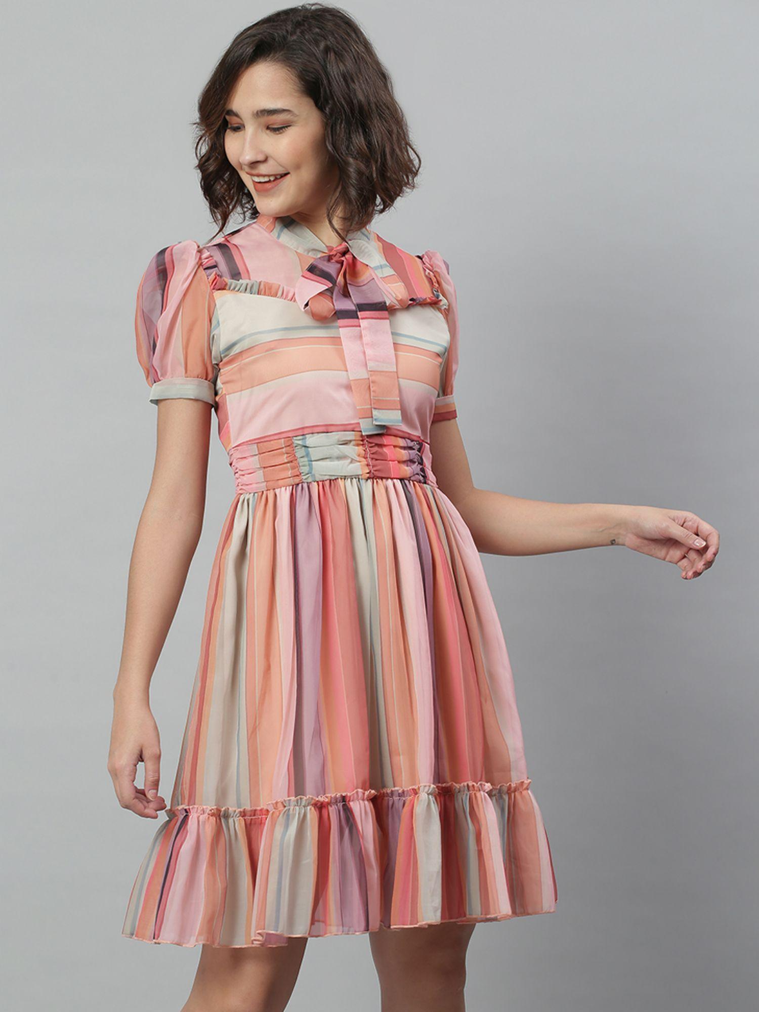 multicoloured striped a-line dress