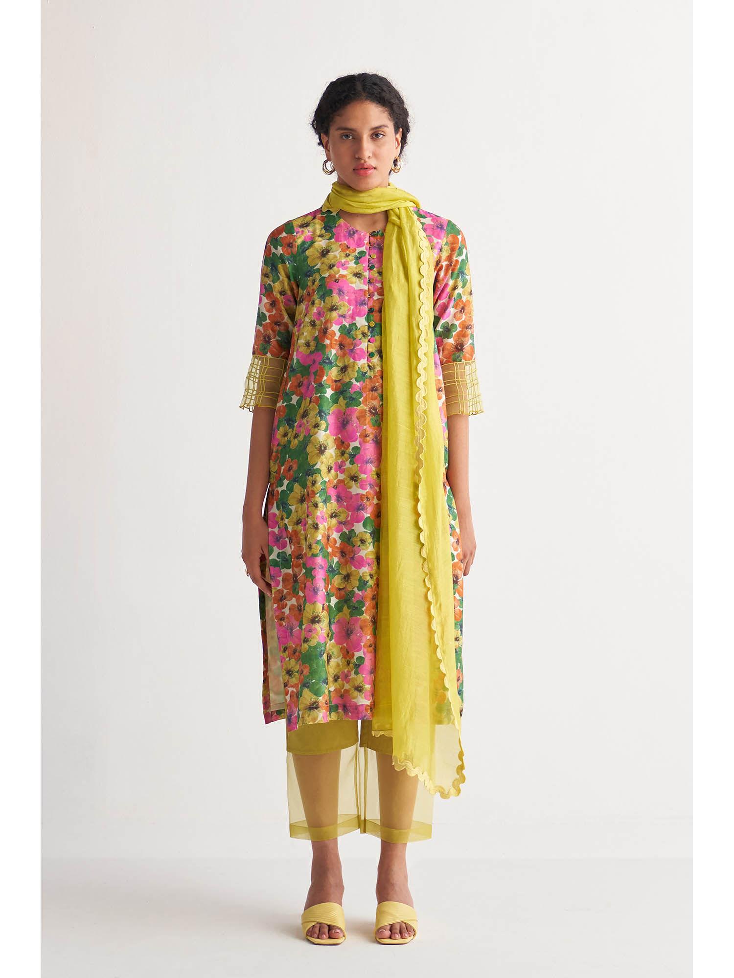 multihued gardenia kurta with sheer pants & scalloped dupatta (set of 3)