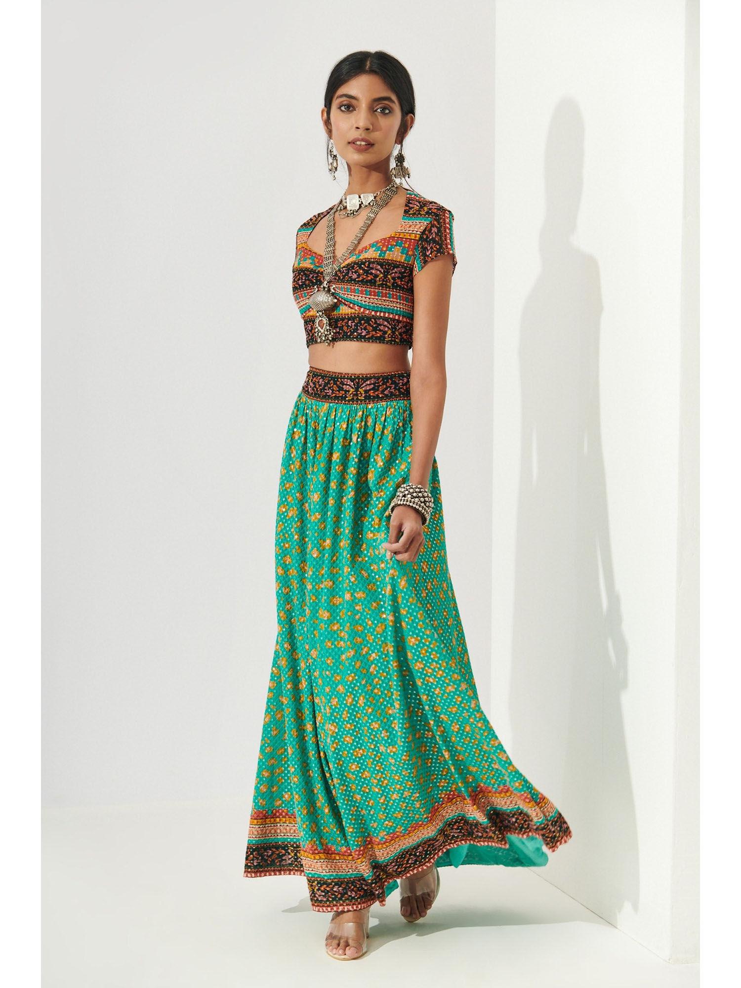 multiprinted sequin gathered skirt