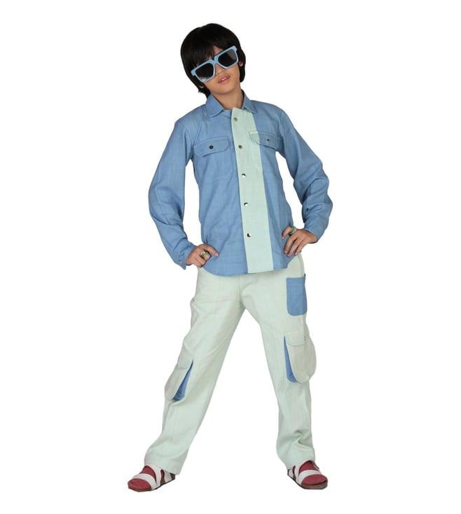 mulyo blue & green origawow vinca panelled shirt with cargo pants
