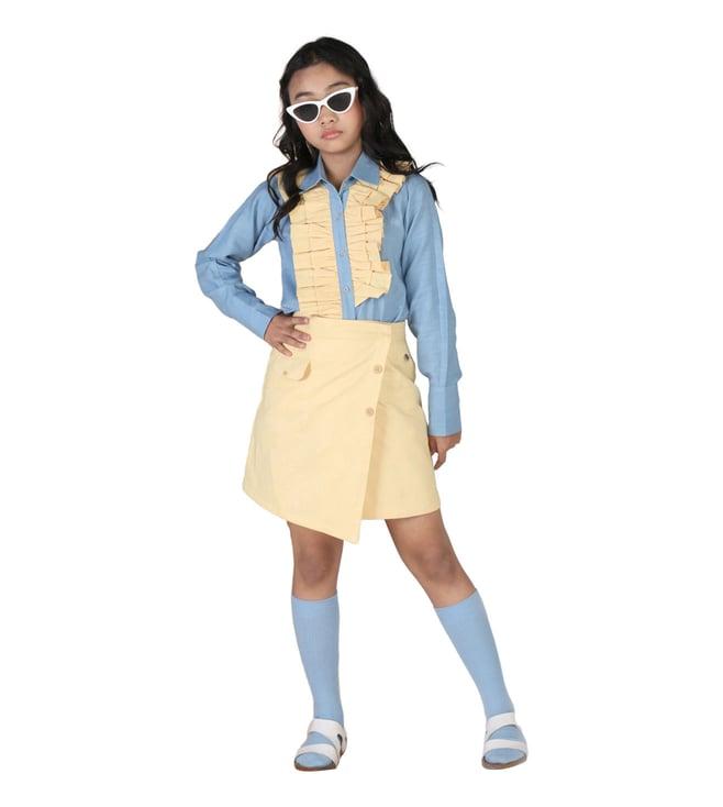 mulyo blue & yellow origawow aster ruffle shirt with skirt