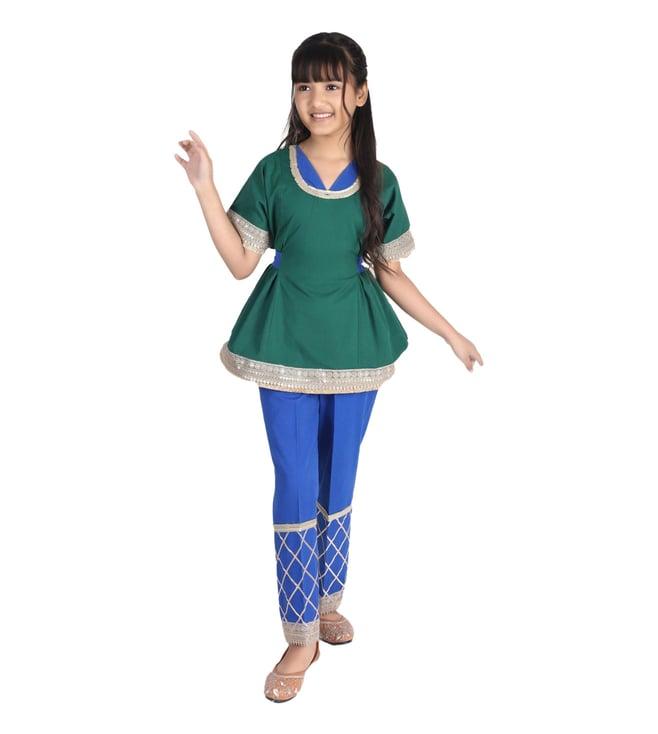 mulyo bottle green & royal blue antarambh elsa panelled bow top with pants