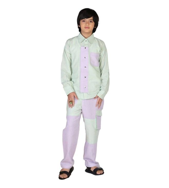 mulyo green & purple origawow fern panelled shirt with pants