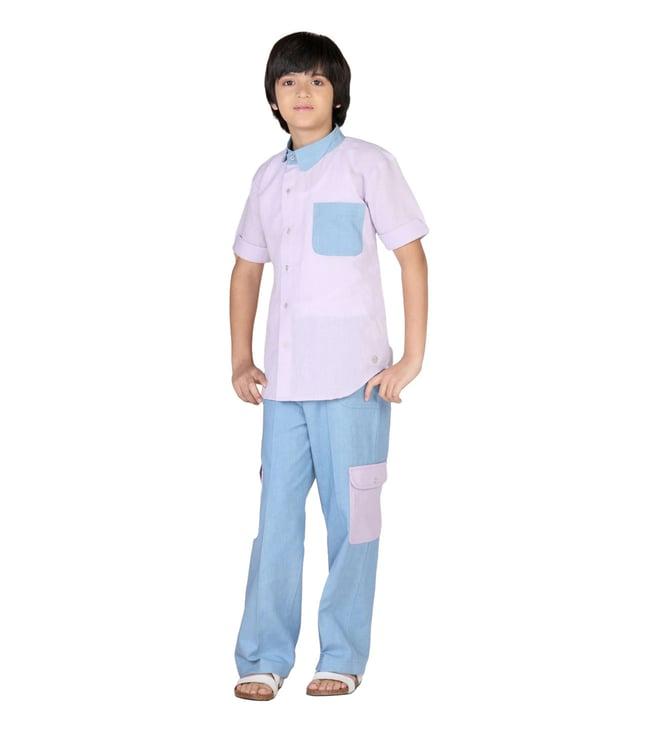 mulyo purple & blue origawow sage shirt with cargo pants