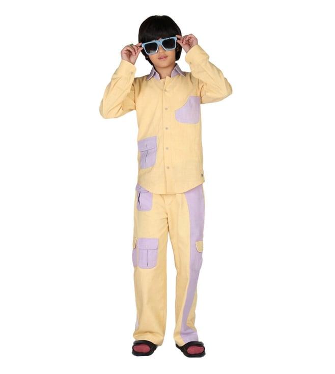 mulyo yellow & purple origawow kerria patch pocket shirt & cargos pants set