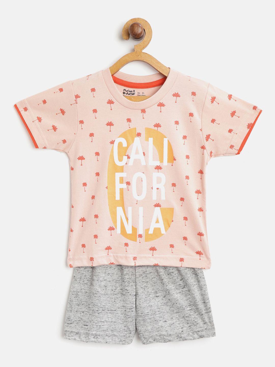 mumble jumble kids peach-coloured & grey melange printed t-shirt & solid shorts