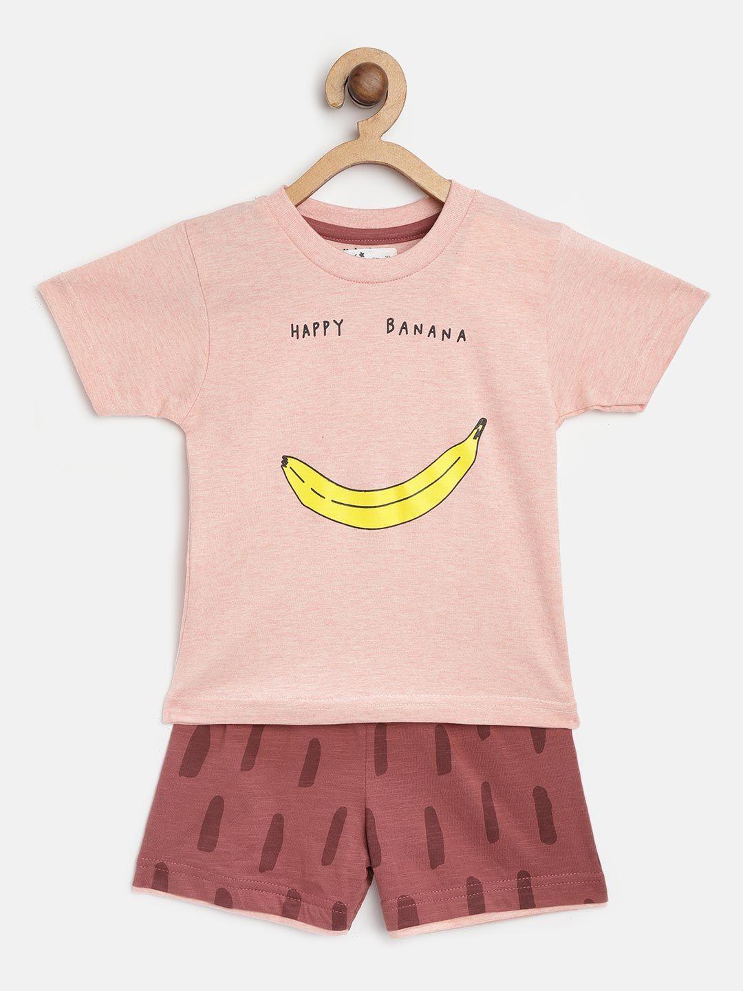 mumble jumble kids peach-coloured & rust red printed t-shirt with shorts