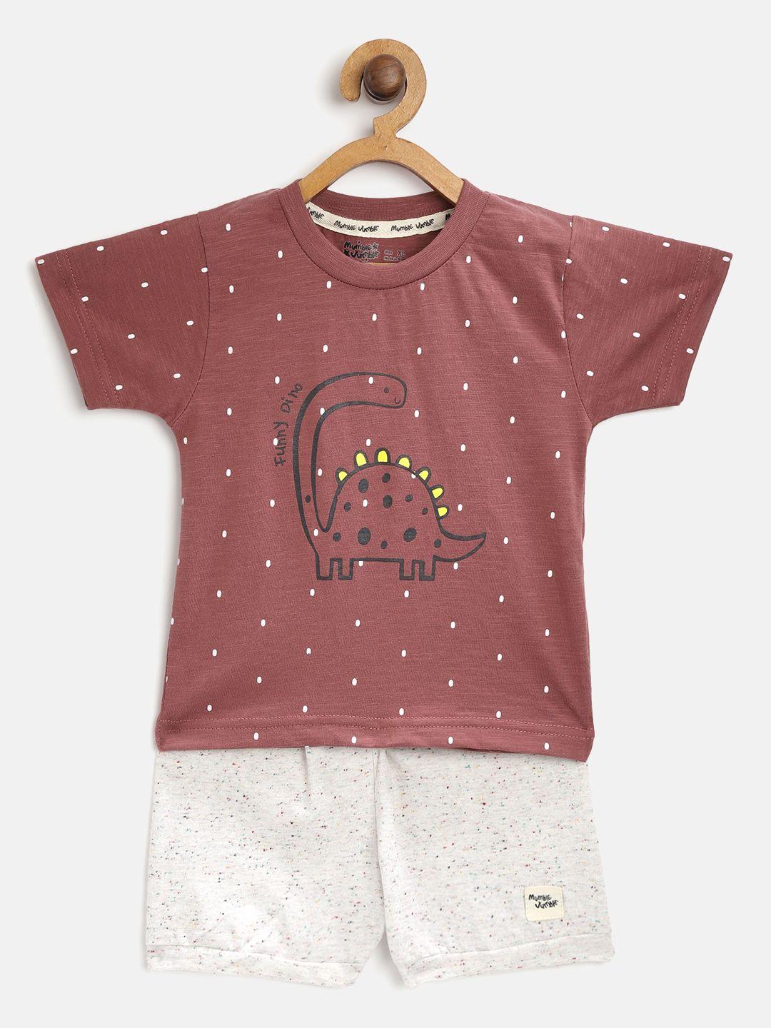 mumble jumble kids burgundy & grey melange printed t-shirt & solid shorts