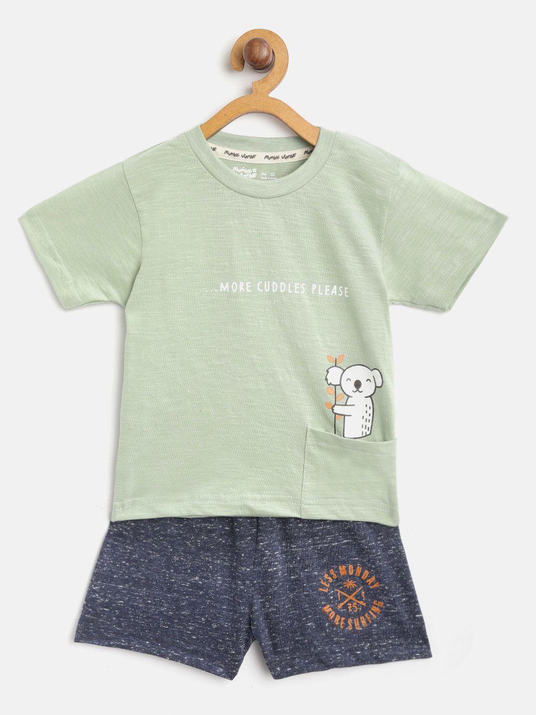 mumble jumble kids mint green & navy blue solid t-shirt with shorts