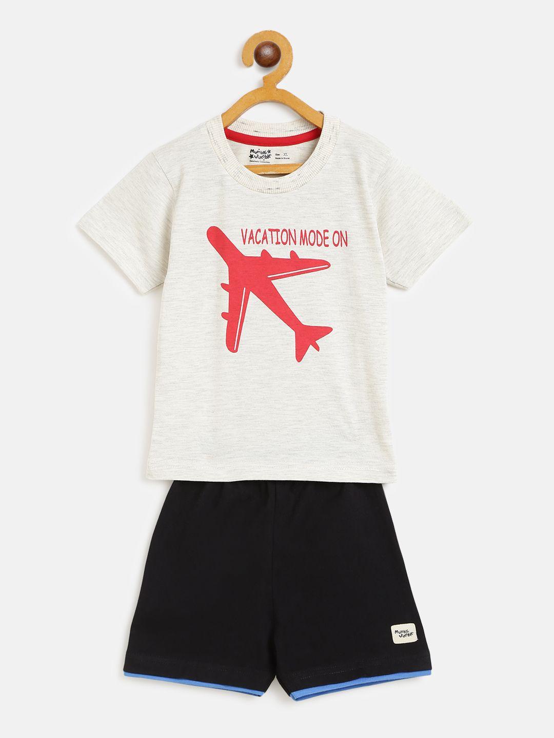 mumble jumble kids off-white & black printed t-shirt with shorts