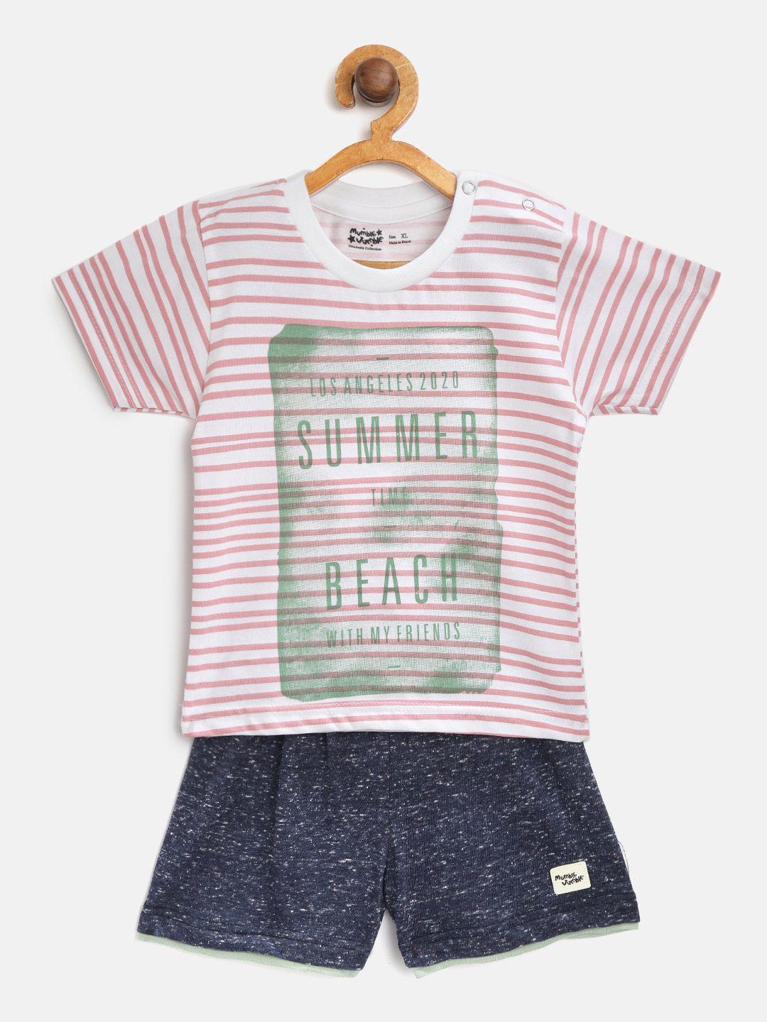 mumble jumble kids pink & navy blue striped t-shirt with shorts