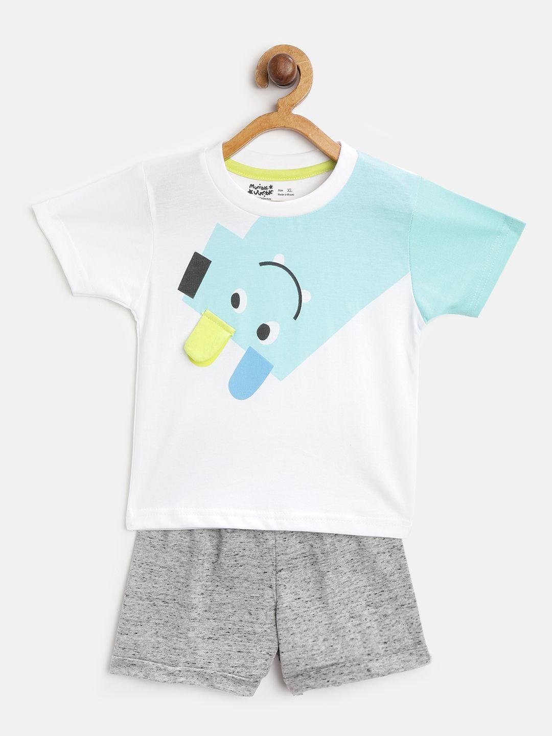 mumble jumble kids white & grey melange printed t-shirt with shorts