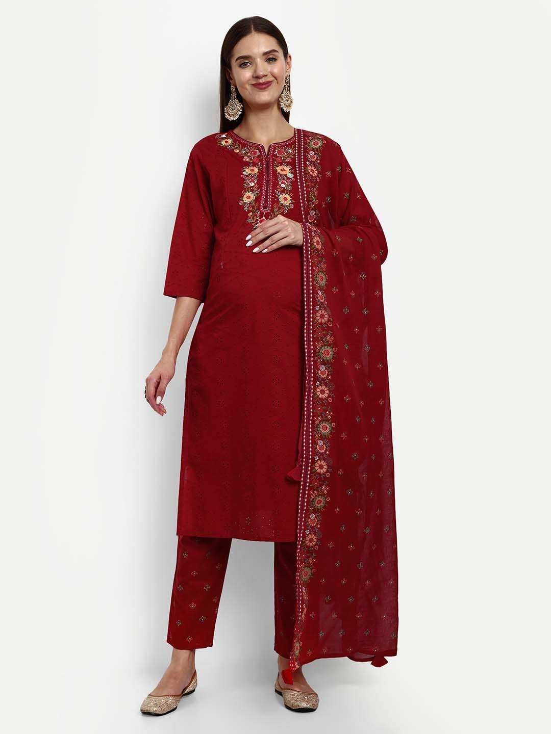mumzhug ethnic motifs embroidered thread work pure cotton kurta with trousers & dupatta