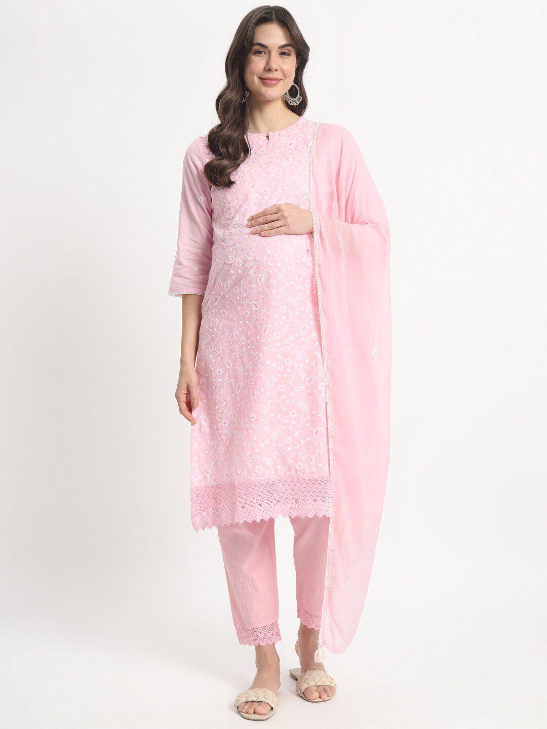 mumzhug women pink embroidered regular pure cotton kurta with palazzos & with dupatta
