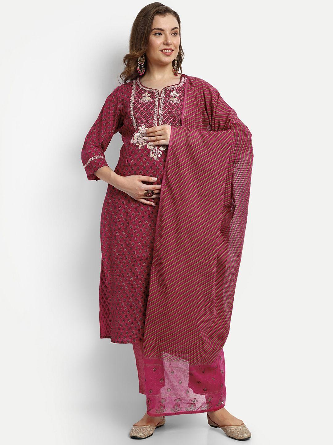 mumzhug ethnic motifs printed pure cotton straight kurta with trousers & dupatta