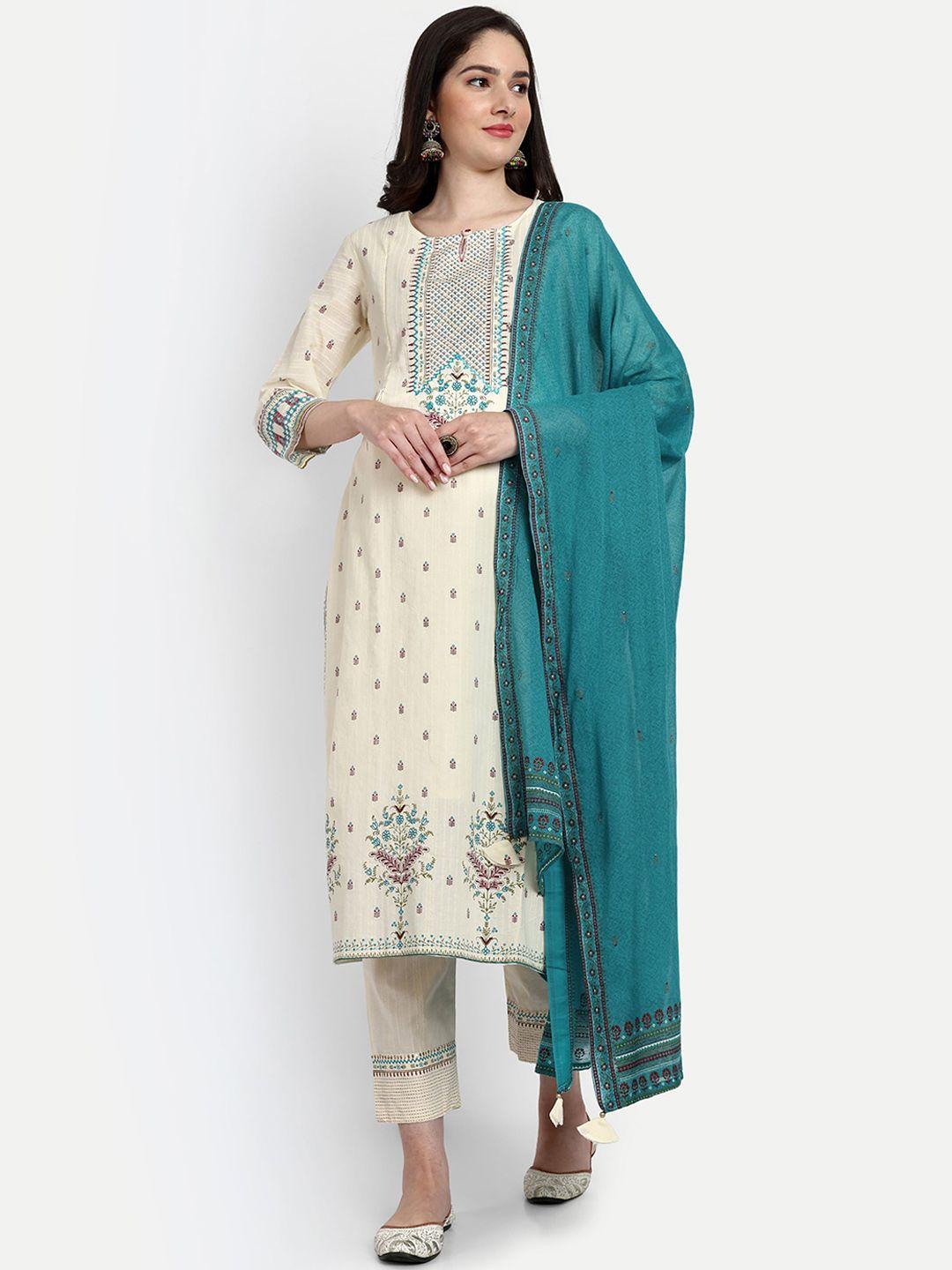 mumzhug ethnic printed regular thread work cotton maternity kurta with trousers & dupatta