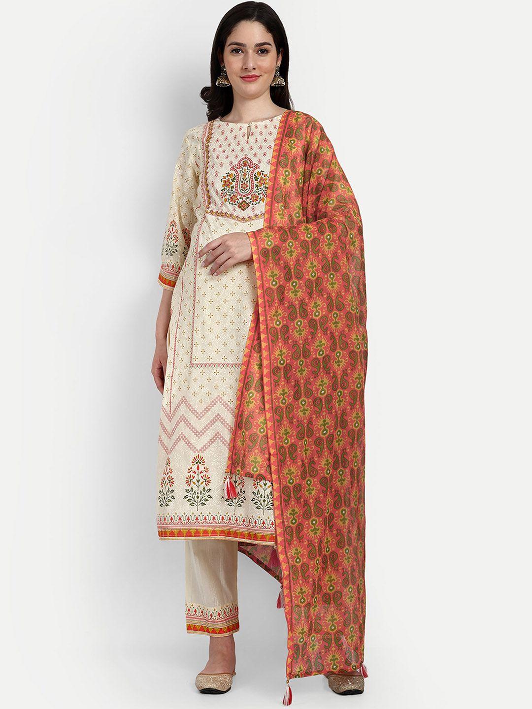 mumzhug ethnic printed regular thread work cotton maternity kurta with trousers & dupatta