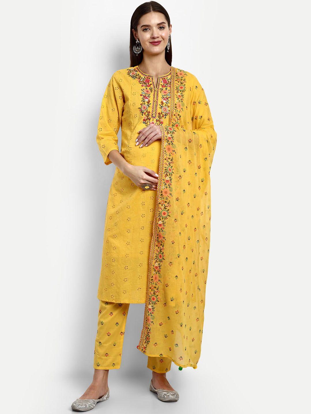 mumzhug floral embroidered schiffli pure cotton straight kurta with trousers & dupatta