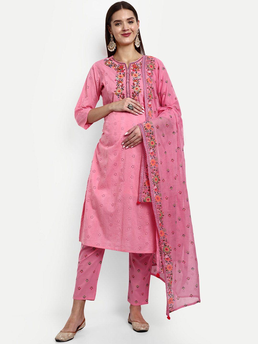 mumzhug floral embroidered thread work pure cotton maternity kurta with trousers & dupatta