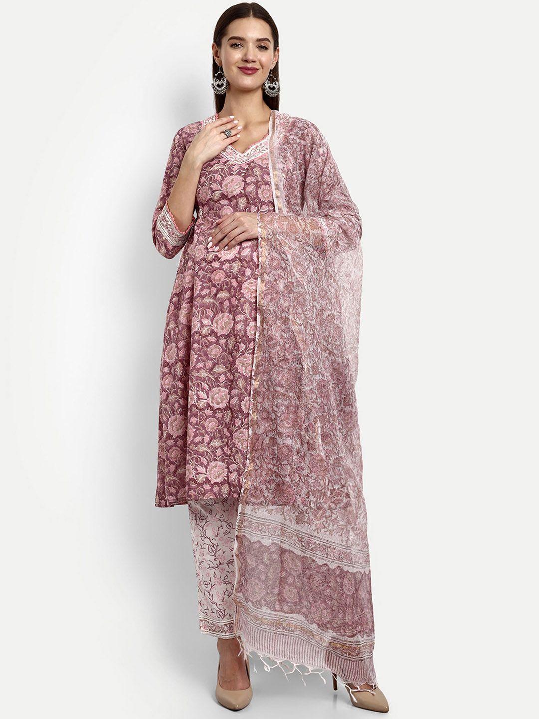 mumzhug floral printed thread work pure cotton a-line kurta with trousers & dupatta