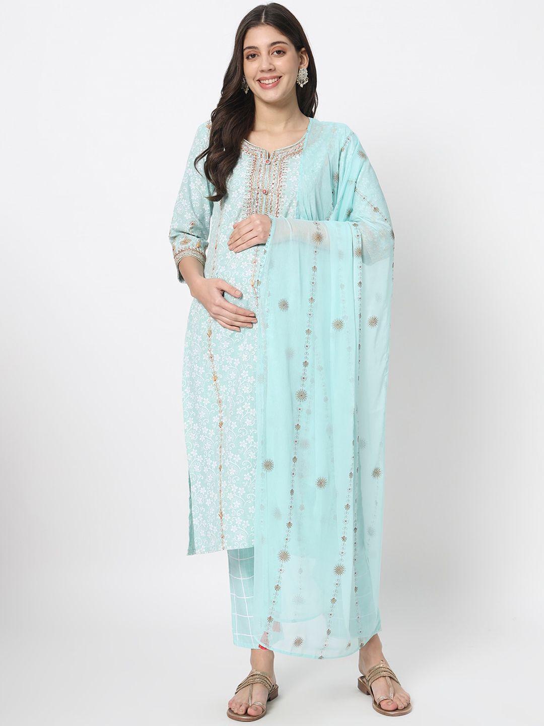 mumzhug floral regular thread work pure cotton kurta with trousers & dupatta