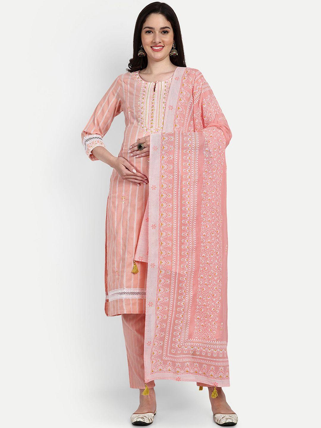 mumzhug striped regular thread work pure cotton maternity kurta with trousers & dupatta