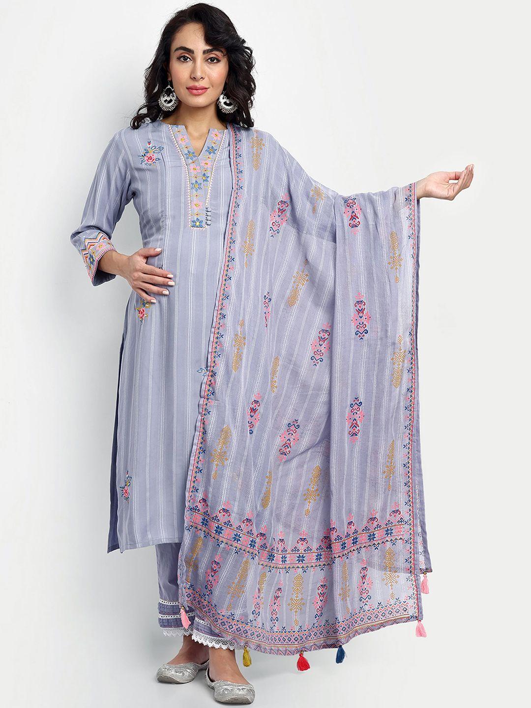 mumzhug striped regular thread work pure cotton maternity kurta with trousers & dupatta