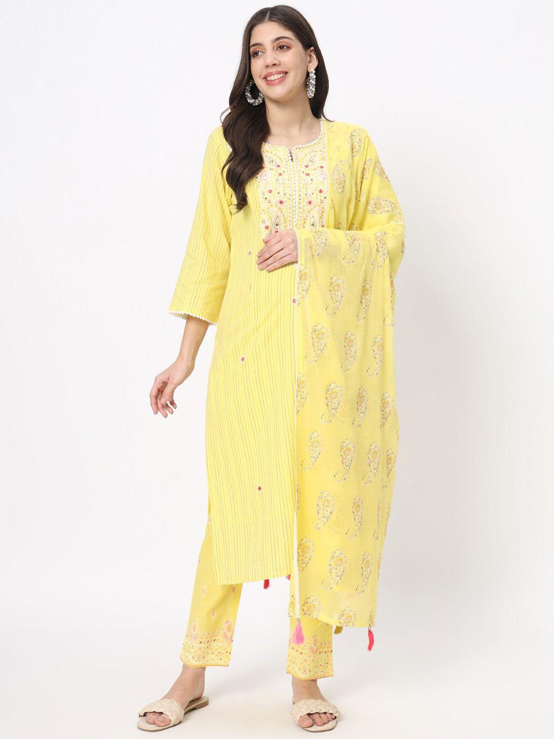 mumzhug women ethnic motifs embroidered regular mirror work pure cotton kurta with palazzos & with dupatta