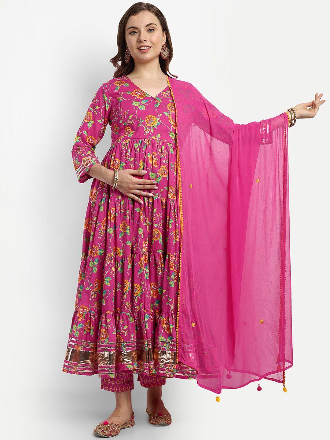 mumzhug women fuchsia floral printed angrakha gotta patti pure cotton kurta with palazzos & with dupatta