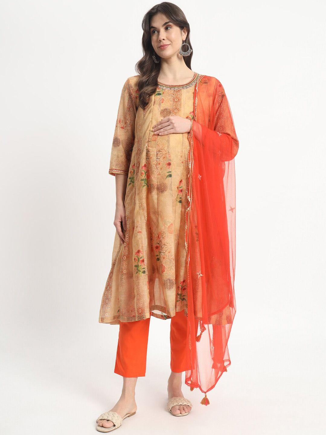 mumzhug women orange embroidered regular chanderi cotton kurta with palazzos & with dupatta